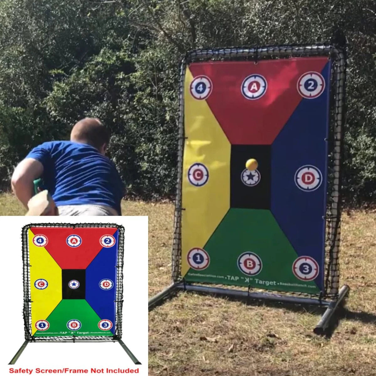 Athlete throwing toward the TAP® K Target mounted on a safety screen outdoors, with a product inset of the nine-point panel