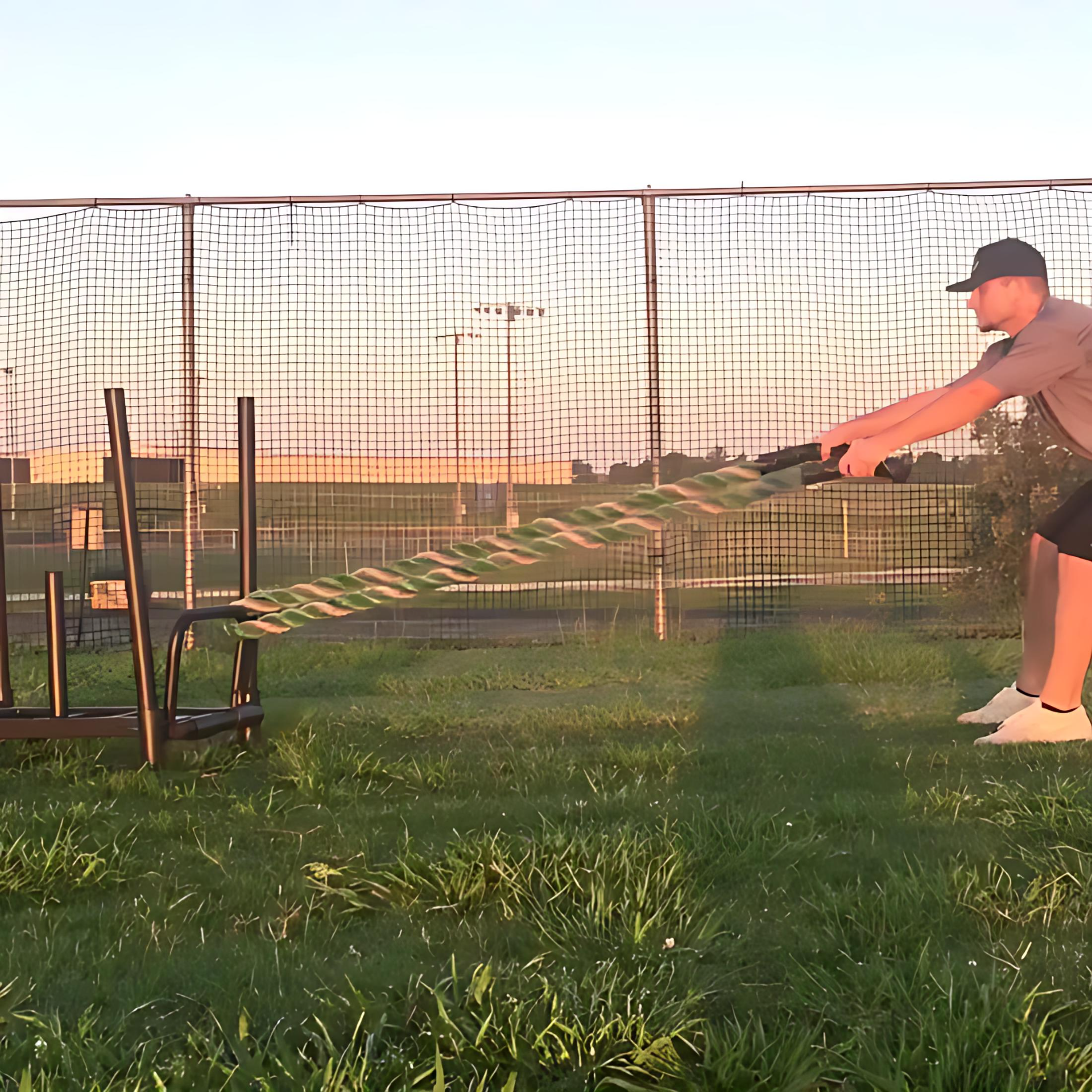 Athlete performing a strength and endurance workout by pulling the KHAOS® Wheelbarrow Sled without a wheel, using a 2-inch heavy rope on a training surface for resistance-based conditioning.