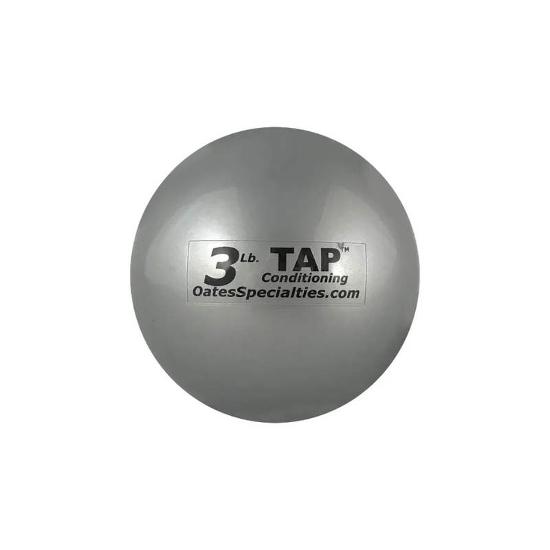 The TAP® Mini-Medicine Ball in 3lbs is silver. It is the lightest option in the set and is ideal for beginners, warm-ups, and refining technique. This weight is perfect for focusing on form and speed without excessive strain, making it a great starting point for enhancing arm health and strength.