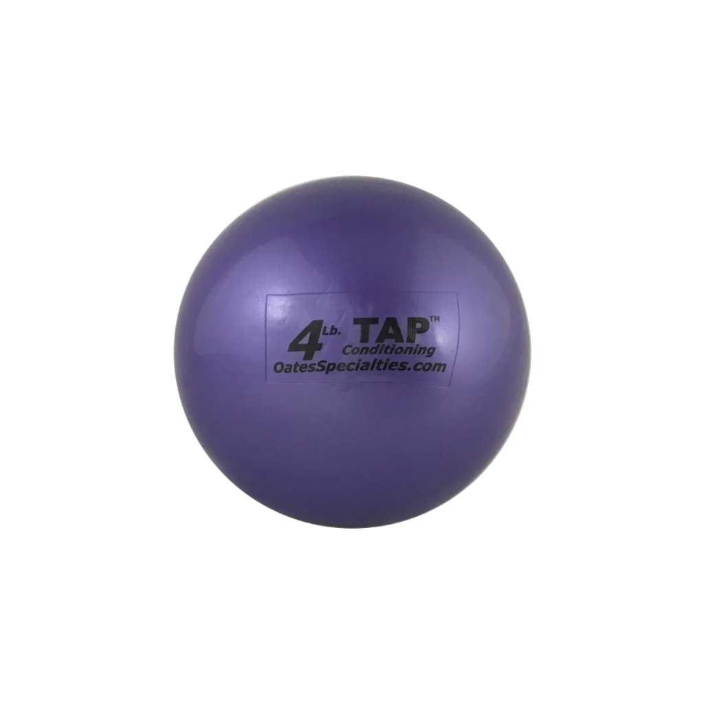 The 4lb TAP® Mini-Medicine Ball is purple. It is a great option for athletes who have progressed from the lightest weight and are ready to increase the intensity of their training. This weight provides a moderate challenge for building arm strength, speed, and improving throwing skills. It's an excellent choice for a wide range of drills and is a key step in a progressive training regimen.