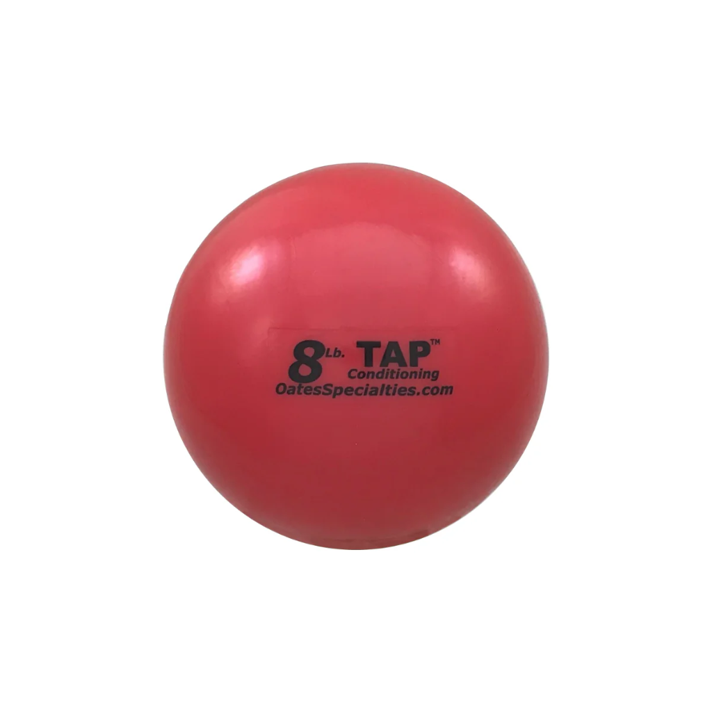 The 8lb TAP® Mini-Medicine Ball is red. This is the heaviest ball in the set and is designed for serious athletes seeking the ultimate challenge. The 8lb ball is an intensive training tool for building peak arm strength and power. It's ideal for high-resistance drills to maximize velocity and durability, making it perfect for advanced users and strength-focused workouts.