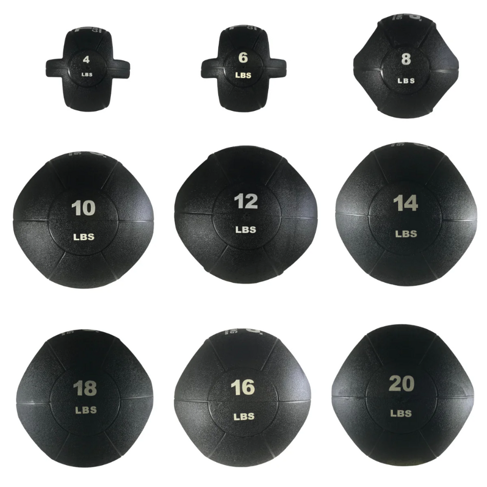 All Double Handle Medicine Balls from lightest to heaviest top left 4lbs then 6lbs then 8lbs, middle left 10 lbs, then 12lbs, next is 14lbs, bottom left 18lbs, then 16lbs, then 20 pound double handle medicine ball