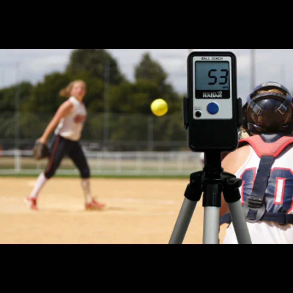 Ball Coach™ radar gun tracking the speed of a softball pitch during training—ideal for coaches and athletes focused on velocity improvement
