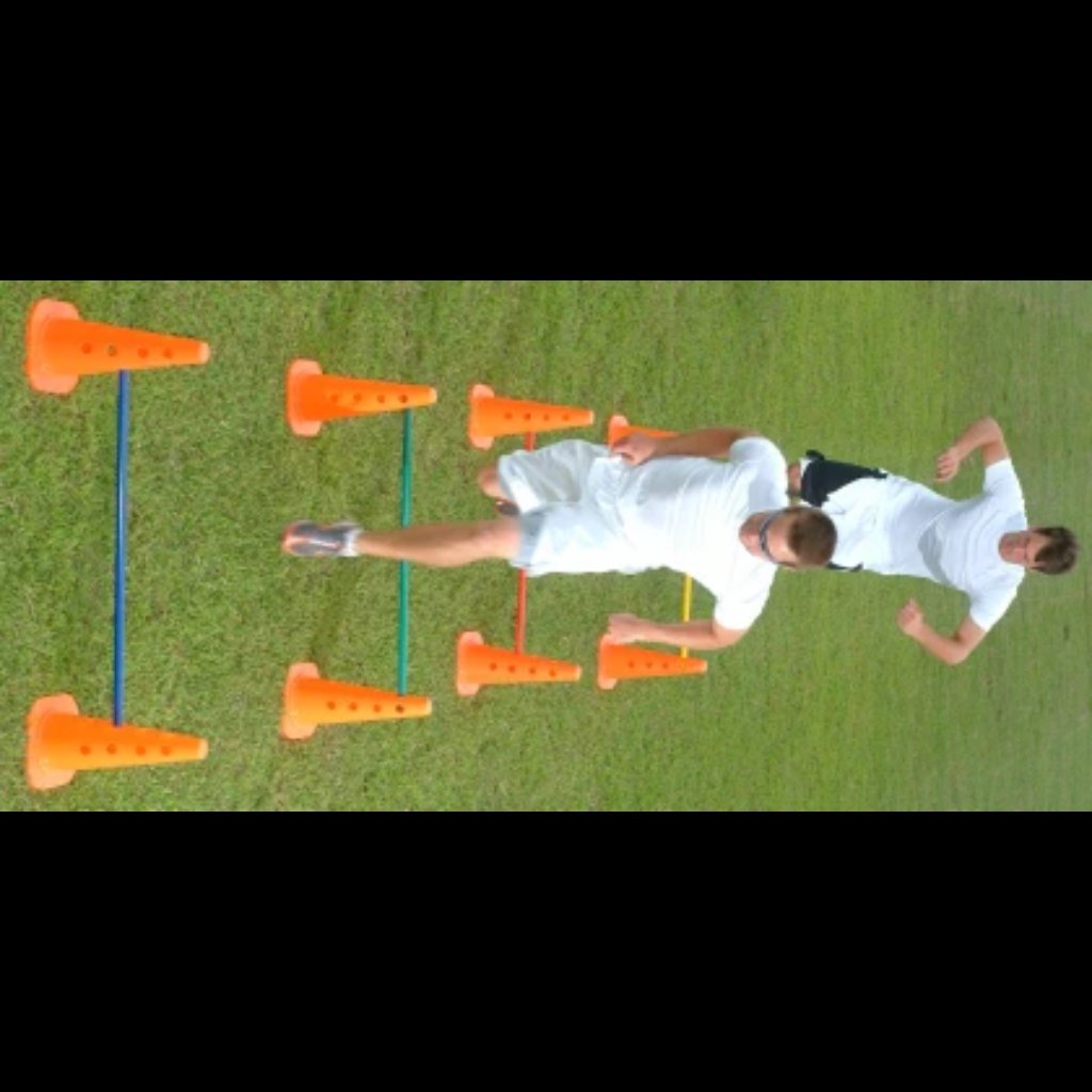 Hurdle Cone and Crossbar Set with athletes performing skips and jumps over the hurdles for agility and speed training.