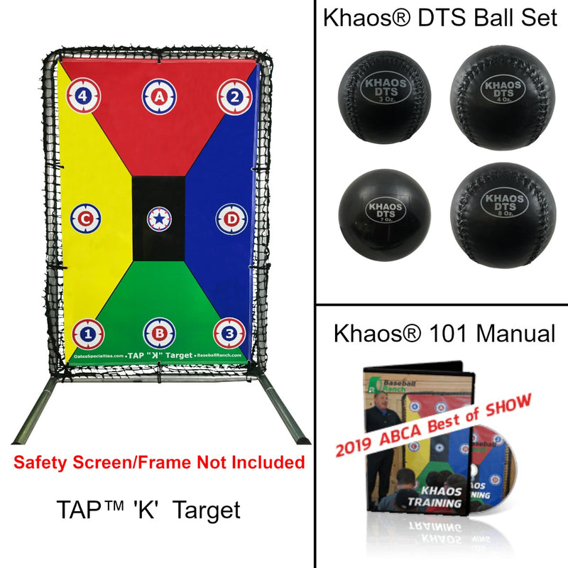 Product photo of the DTS Bundle, featuring the K Target, DTS Set, and KHAOS® 101 Manual, highlighting its complete training components for precision and skill development.