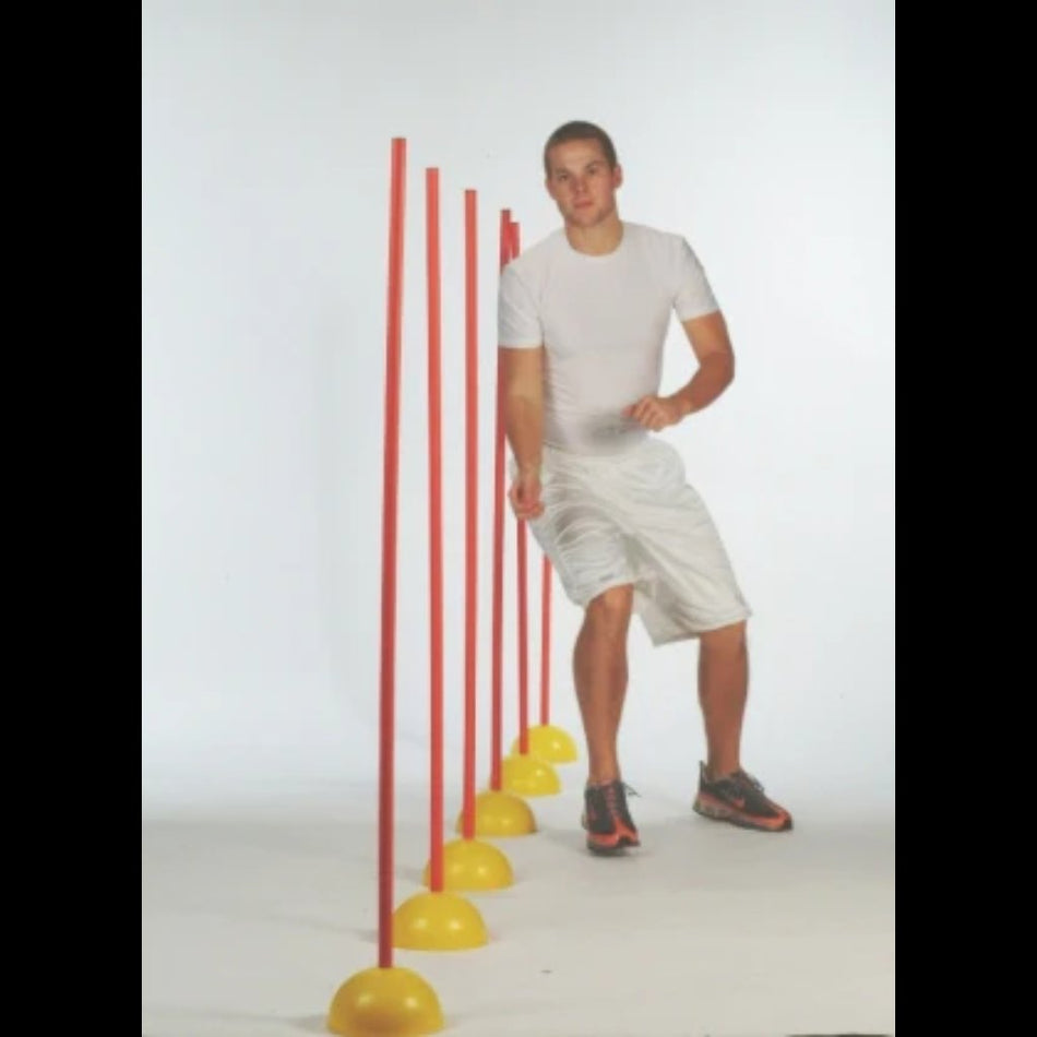 Indoor Agility Set with an athlete weaving in and out of the poles to discover new speed and agility.
