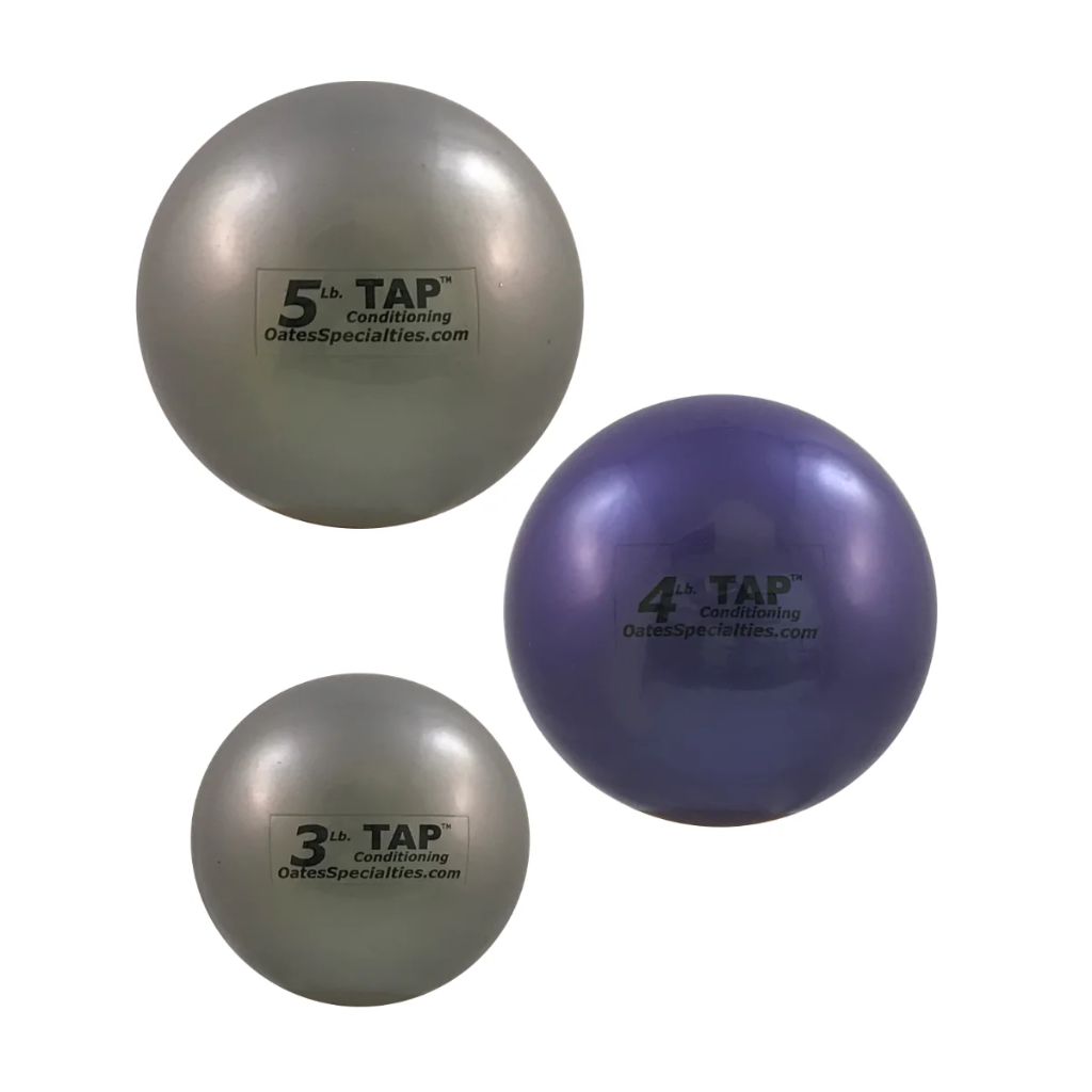 Silver and purple TAP® Mini-Medicine Balls, representing the light set (3lb, 4lb, and 5lb), ideal for beginners and warm-up routines.