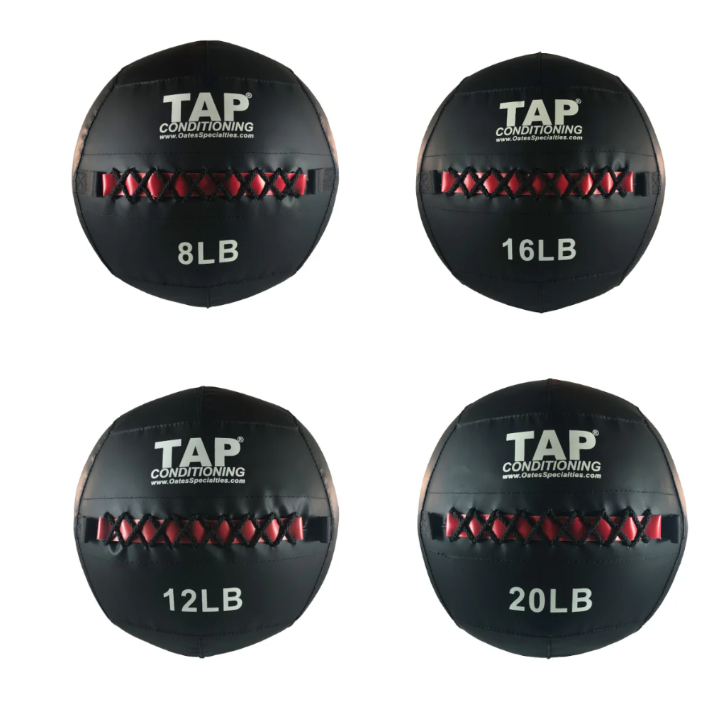 Soft Medicine Balls Close up lightest (top left) 8lbs, next to it 16lbs, bottom left 12 lbs, to heaviest 20lbs (bottom right)