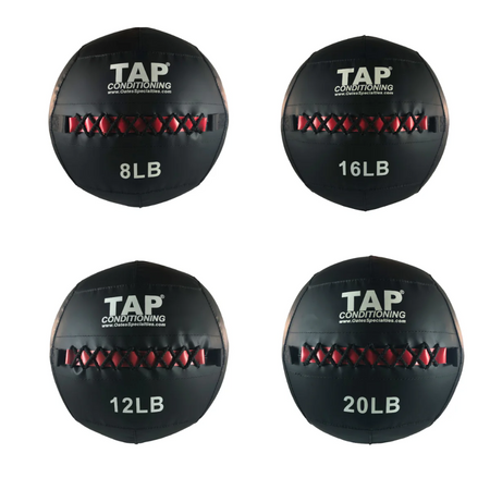 Soft Medicine Balls Close up lightest (top left) 8lbs, next to it 16lbs, bottom left 12 lbs, to heaviest 20lbs (bottom right)