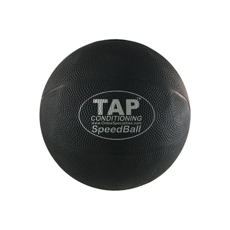 Close-up photo of the TAP® Hammer Net SpeedBall, a black textured ball with raised logo. Used for rebound training with the Hammer Net