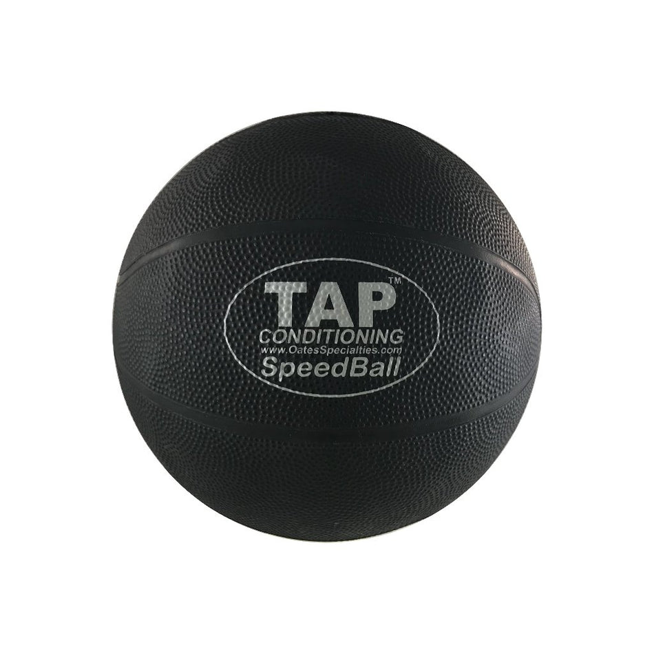 Close-up photo of the TAP® Hammer Net SpeedBall, a black textured ball with raised logo. Used for rebound training with the Hammer Net