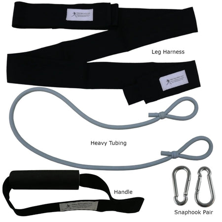 Donley Hip Spin training device shown with tubing, snap hooks, and handle—components designed to enhance hip rotation and swing power during athletic drills.