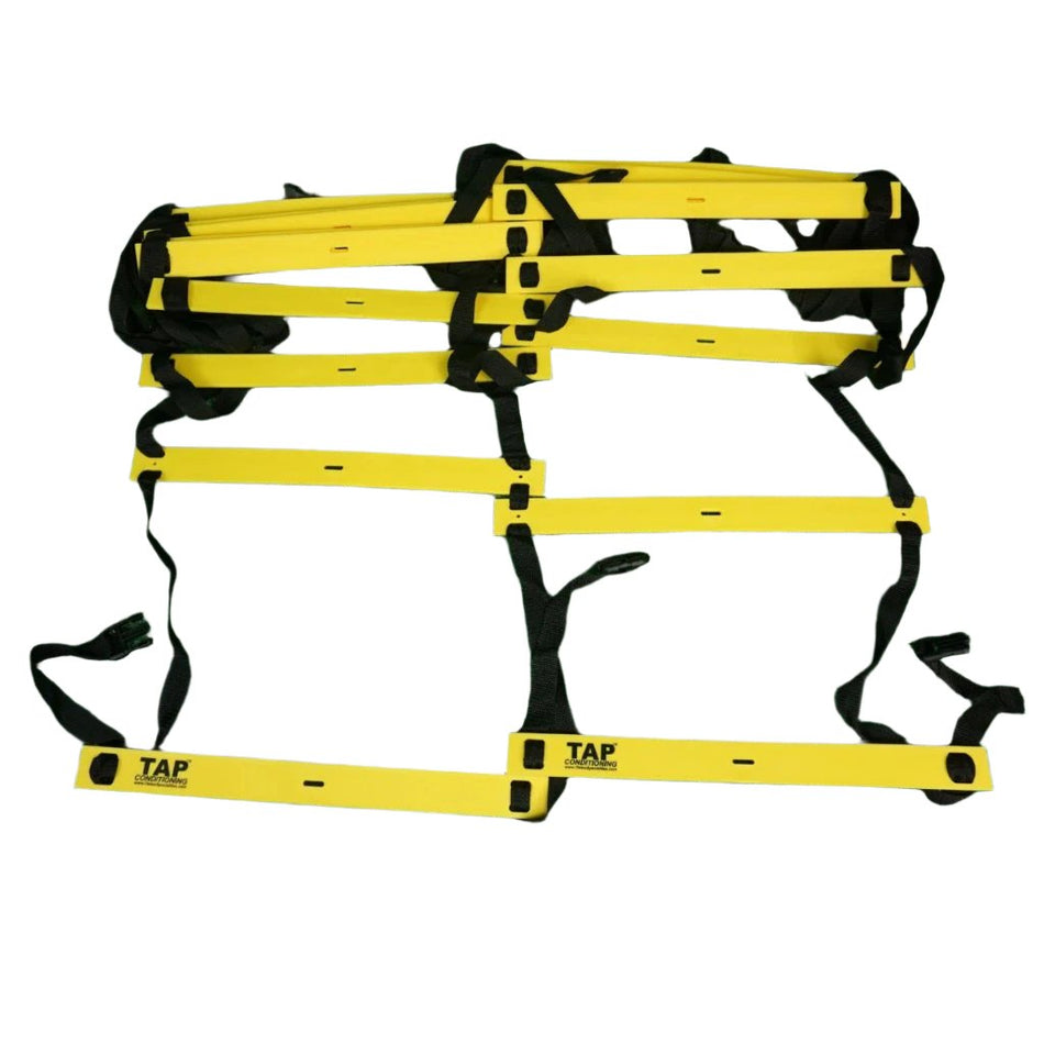 The TAP Double-Rung Speed & Agility Ladder is a 15-foot training tool featuring two flat rungs side by side. In the image, the ladder is partially uncoiled, with the remaining portion still coiled, and is connected by black straps.