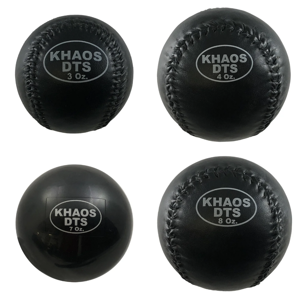 DTS Set featuring weighted balls arranged by increasing weight: top left at 3oz, top right at 4oz, bottom left at 7oz, and bottom right at 8oz, showcasing their progressive resistance for training.