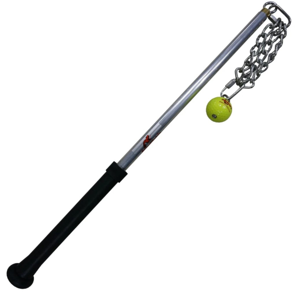 A metal baseball bat with a black grip featuring an attached chain and weight hanging from it used in baseball swing training.