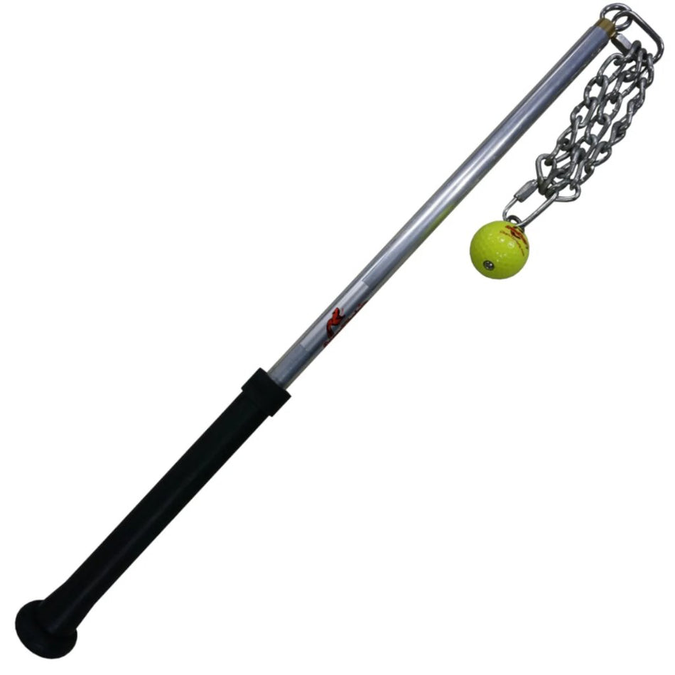 A metal baseball bat with a black grip featuring an attached chain and weight hanging from it used in baseball swing training.