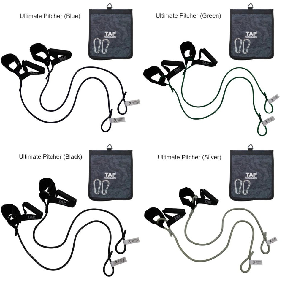 Ultimate Pitcher complete set, blue top left, green top right, black bottom left, silver bottom right