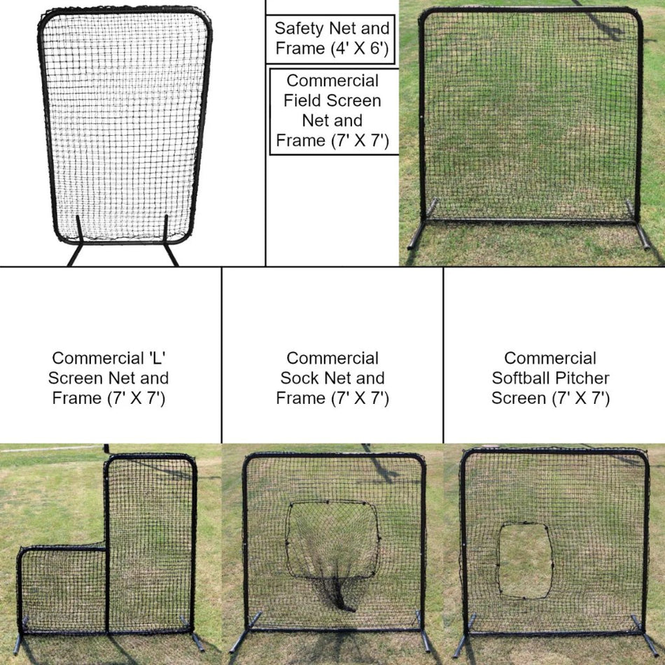 Five training screens, including a compact 4' x 6' safety net and four 7' x 7' commercial-grade options: field screen, L-screen, sock net, and softball pitcher screen—each built with heavy-duty frames and durable netting for intense use.