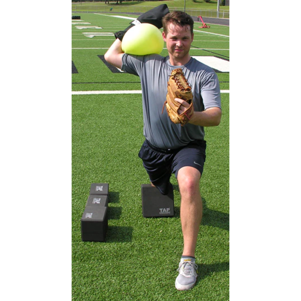 TAP® Kneeling Block in action: Baseball pitching drill demonstrating improved throwing posture with Connection Ball and Throwing Sock.