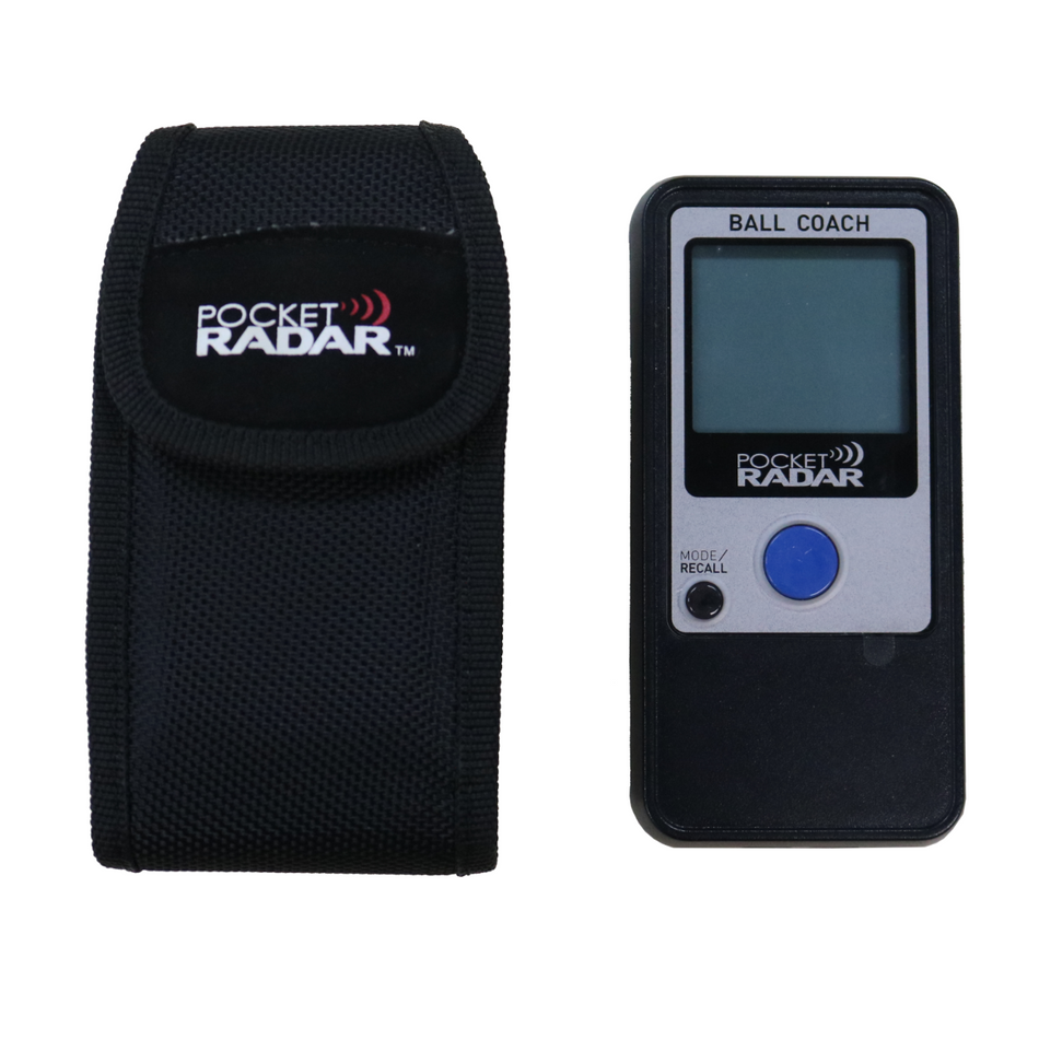 Front view of the Ball Coach™ radar gun with its compact, protective carrying case—ideal for easy transport and quick setup during training sessions.