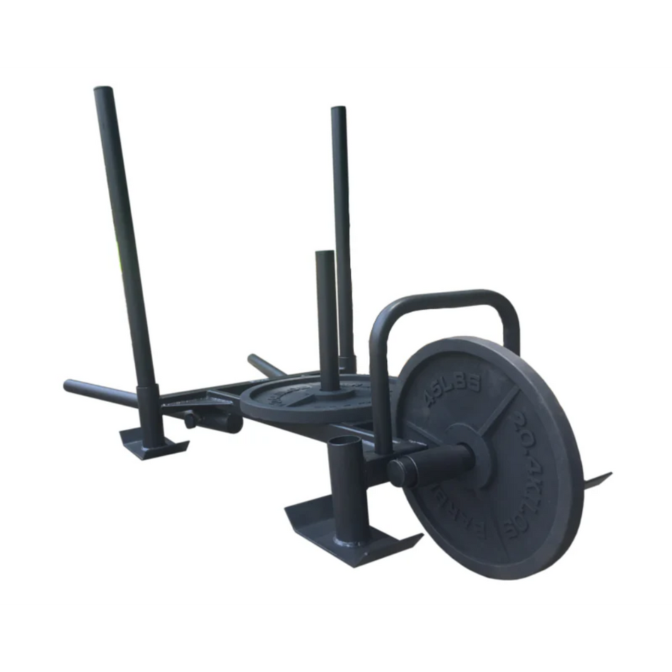 KHAOS® Wheelbarrow Sled loaded with Olympic plate weights, functioning as a mobile wheel for pushing on training surfaces, highlighting its durable steel construction and versatility for strength and agility exercises.