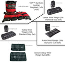 A collection of TAP wrist and ankle weights in various configurations and colors, including black and red. The weights are designed for exercise and resistance training.